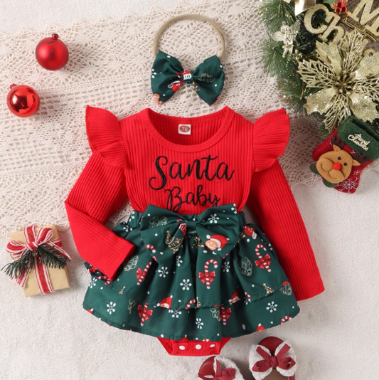 3pcs Christmas Dress with Headbow