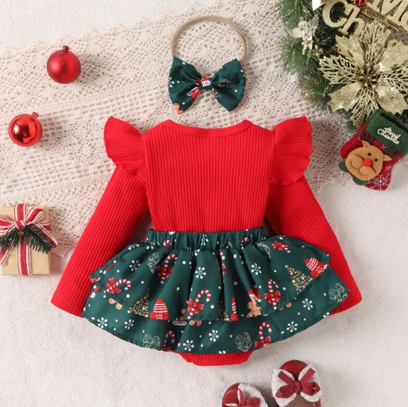 3pcs Christmas Dress with Headbow